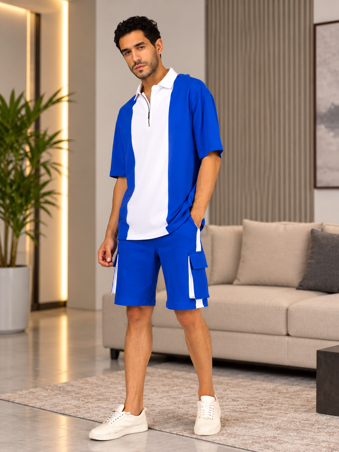 CONTRAST POLO OVERSIZED ZIPPER T-SHIRT ROYAL BLUE WHITE