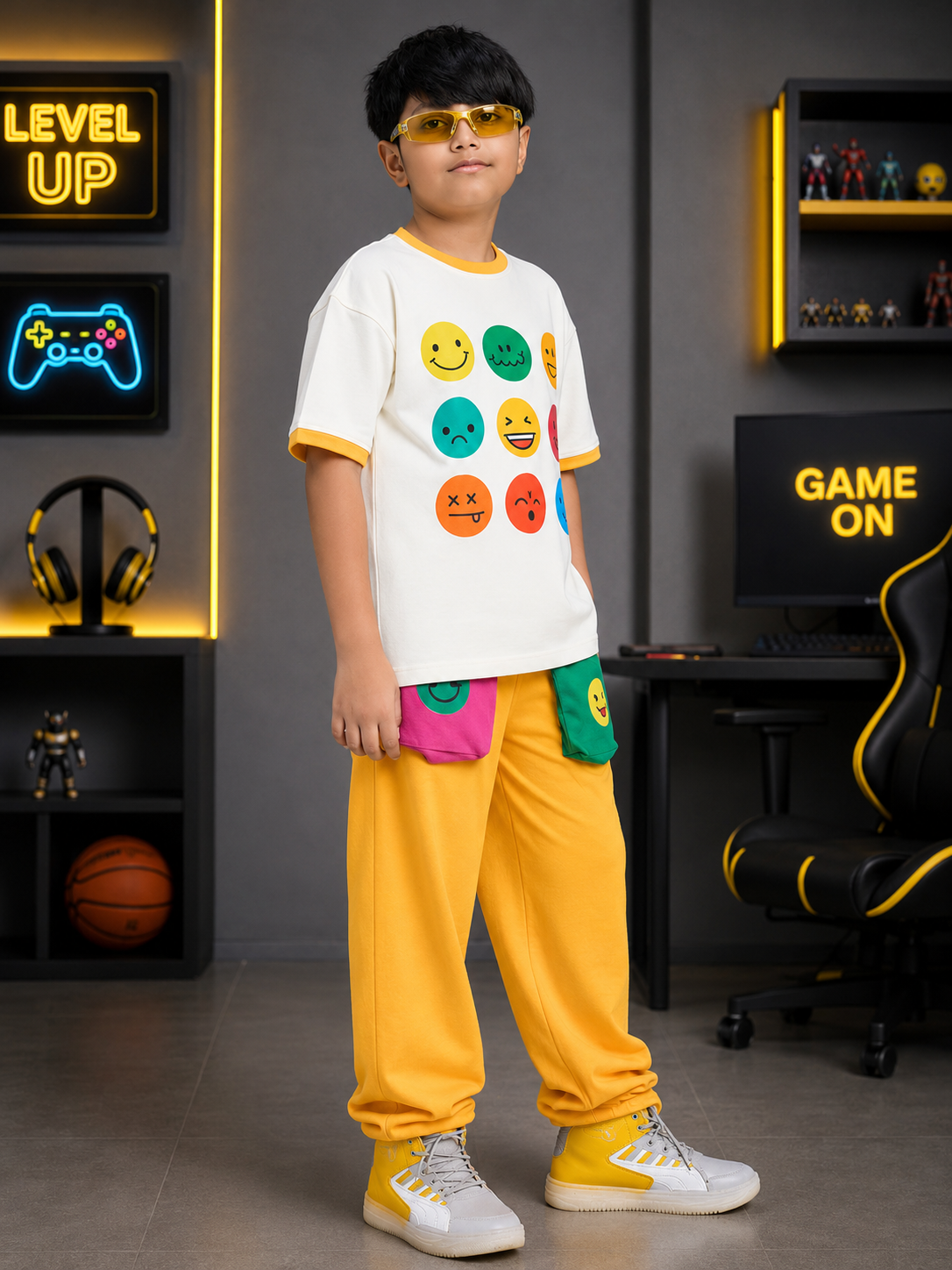 EMOJI VIBES CO-ORD FOR BOYS & GIRLS WHITE-YELLOW, showcasing a boy in a colorful emoji print set with yellow pants.