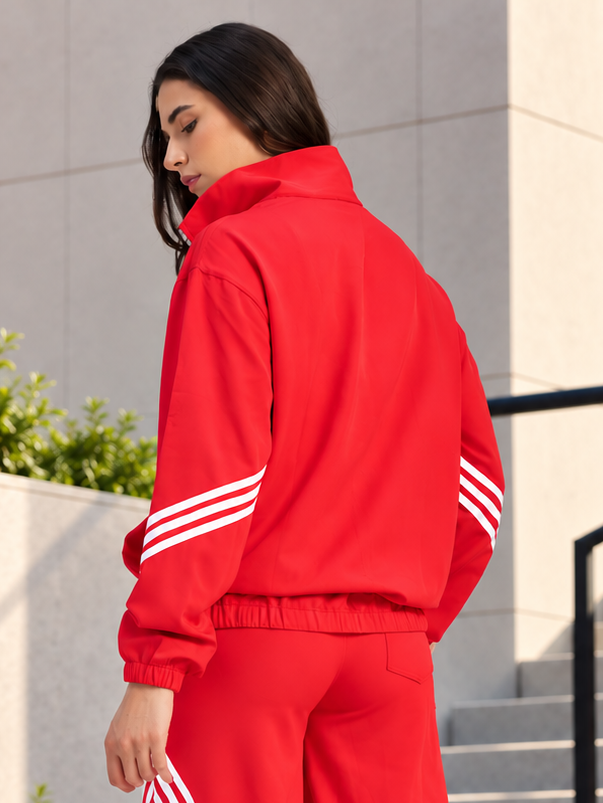 WOMEN STREETWEAR THREE STRIPE JACKET FULL ZIPPER RED