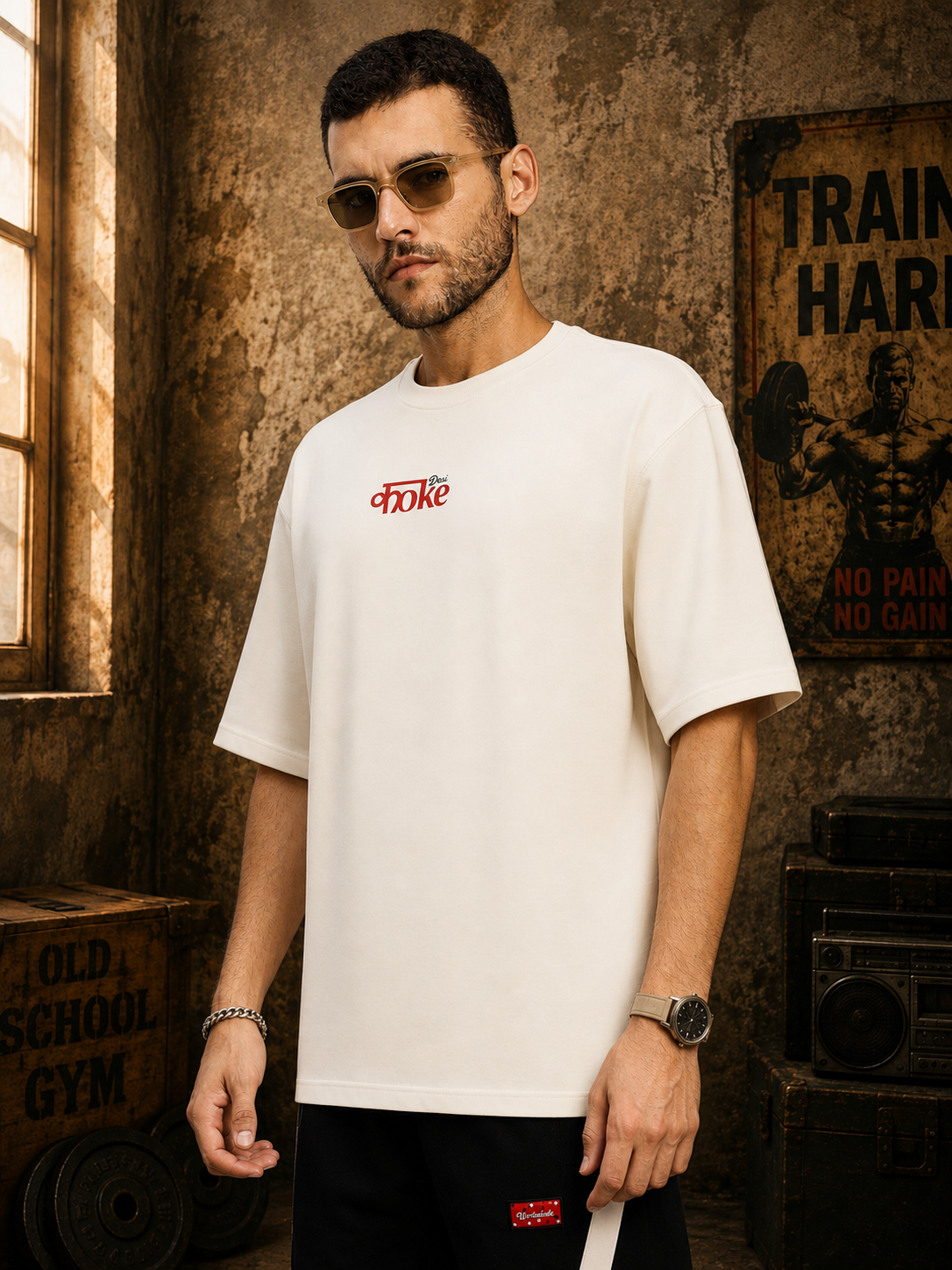 CREATIVE SLOGAN DUAL TEXT T-SHIRT CREAM