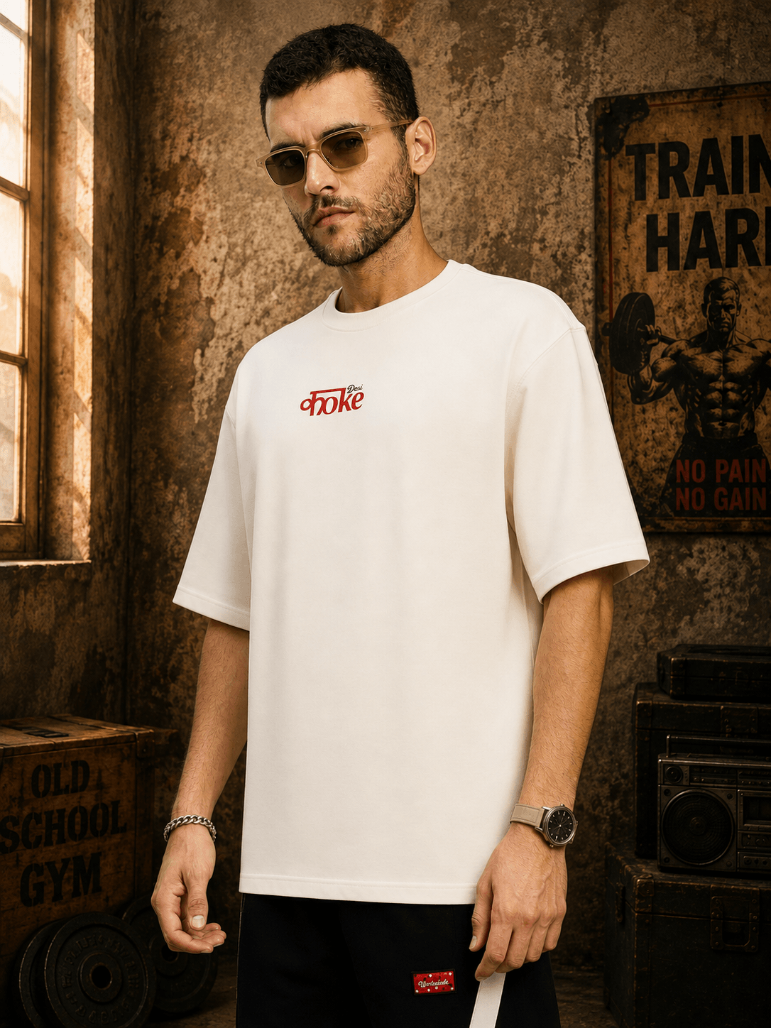 CREATIVE SLOGAN DUAL TEXT T-SHIRT CREAM displayed in a stylish setting, featuring a unique graphic design.