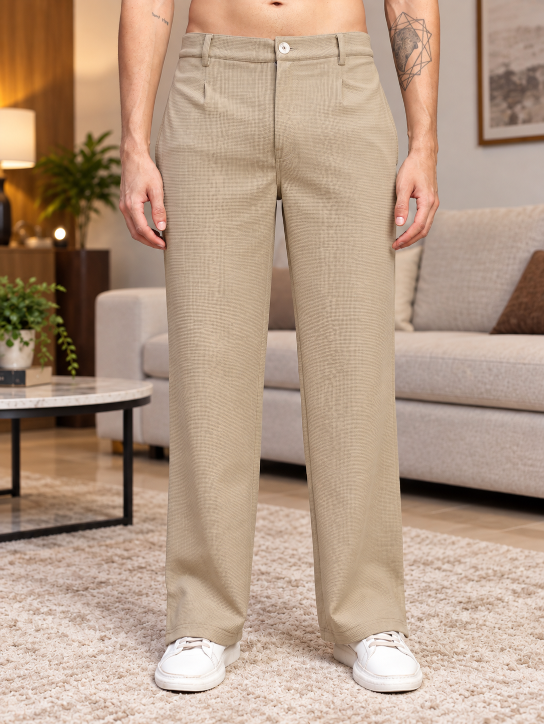 SNAP BUTTON TEXTURED FIT PANTS BEIGE
