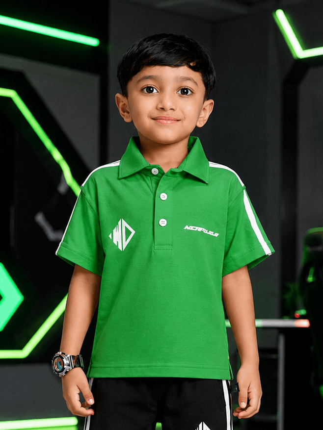 CHAMPION TRACK POLO T-SHIRT FOR BOYS GIRLS GREEN modeled by a young boy in a vibrant green polo shirt.