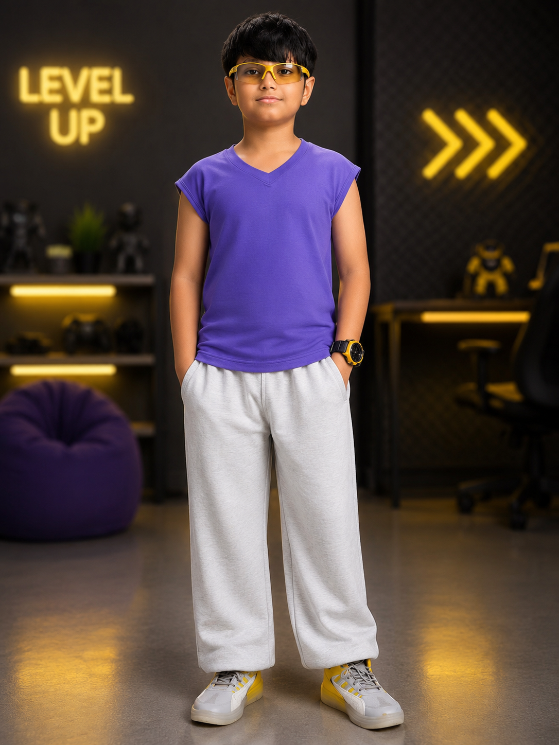 LEVELUP GAMER CO-ORD FOR BOYS GIRLS PURPLE WHITE