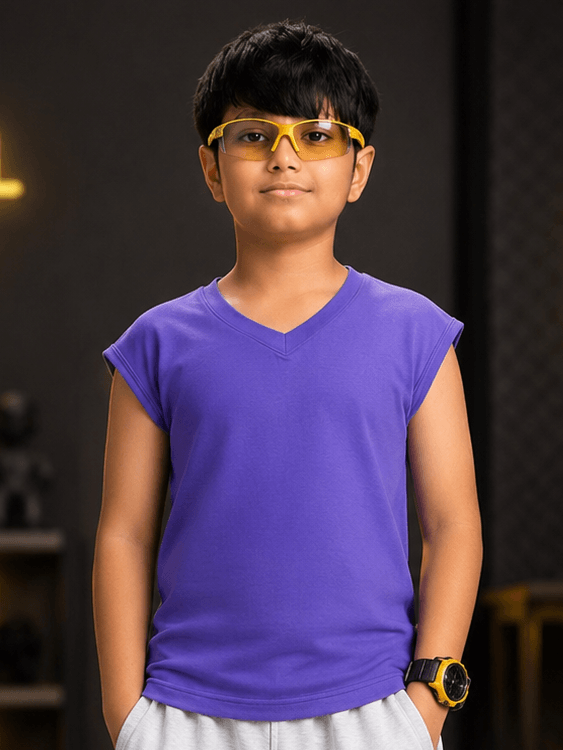 LEVELUP GAMER T-SHIRT FOR BOYS GIRLS PURPLE worn by a young boy with glasses and a confident expression.