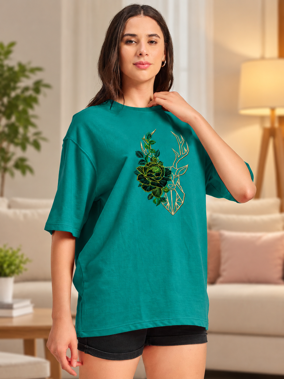WOMEN CATCHY BLOOM FLORAL T-SHIRTTEAL GREEN