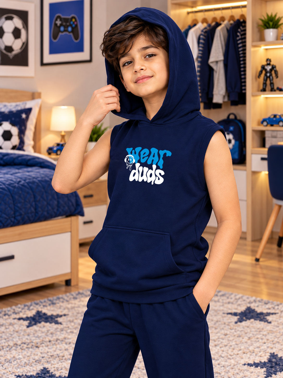 LOUNGEWEAR SLEEVELESS HOODED T-SHIRT FOR BOYS GIRLS NAVY BLUE