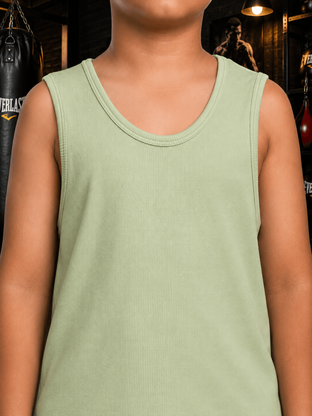 EASY WEAR VEST T-SHIRT FOR BOYS GIRLS SAGA GREEN, relaxed sleeveless shirt in soft sage green color for kids.