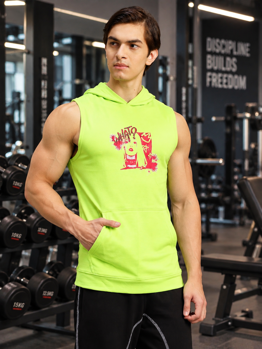 KANGAROO GYM SLEEVELESS HOODED T-SHIRT NEON GREEN