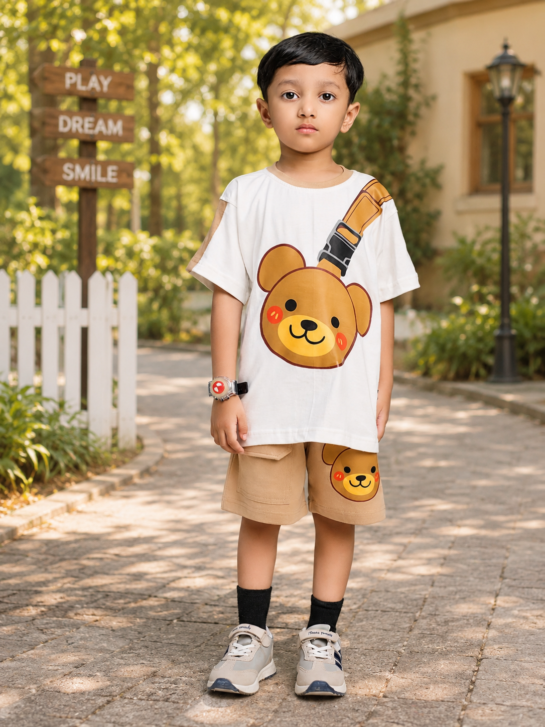 TINY TREND BEAR CO-ORD FOR BOYS GIRLS WHITE BEIGE