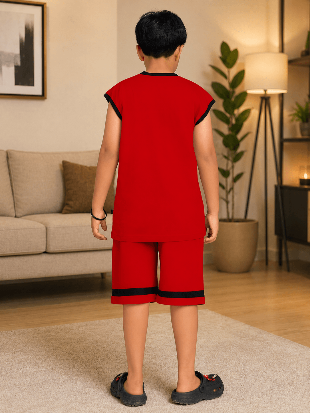 COOL TEDDY BEAR SLEEVELESS CO-ORD FOR BOYS GIRLS RED worn by a boy in a cozy living room.