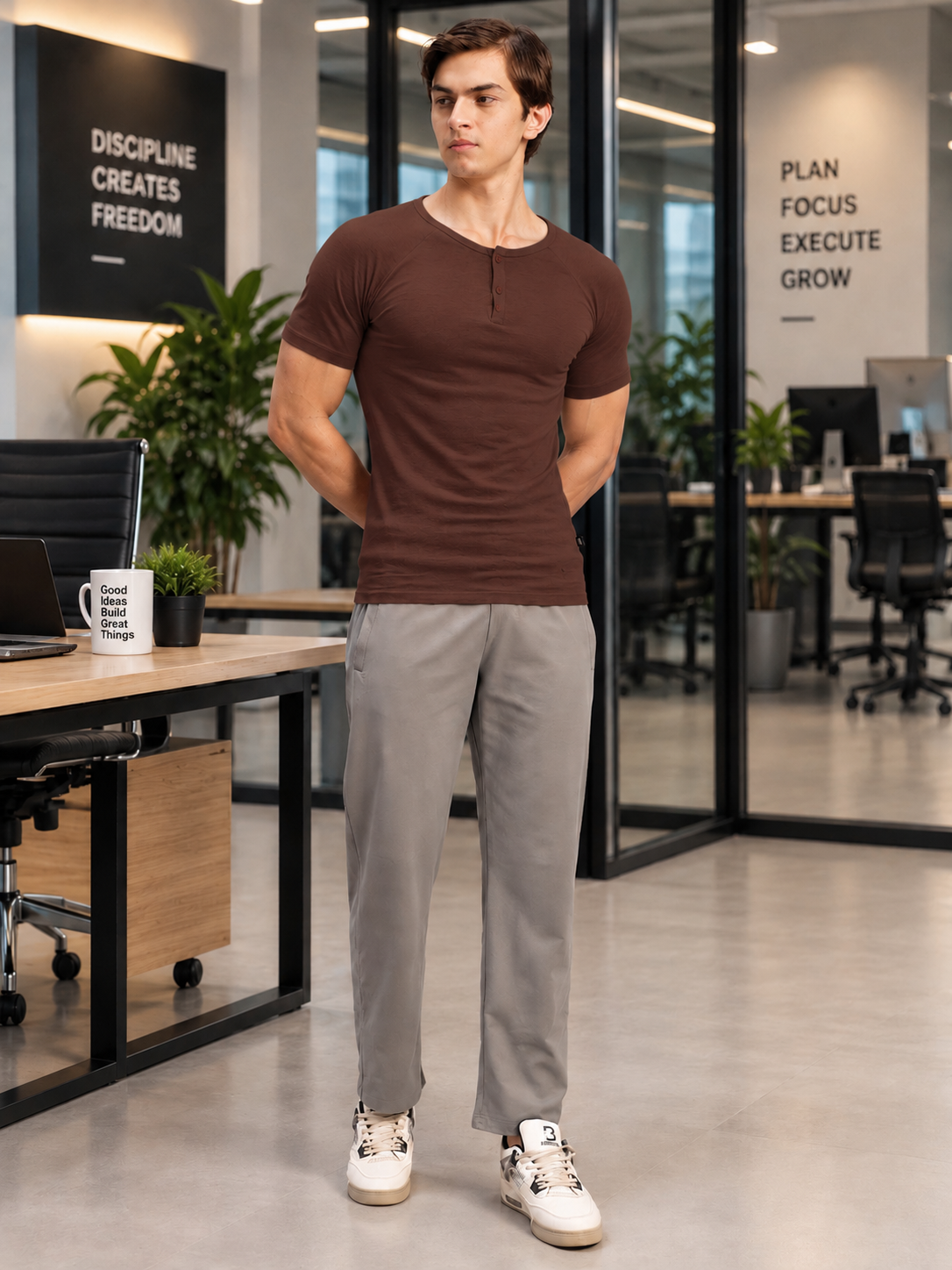 SLEEVE BUTTON HENLEY BROWN