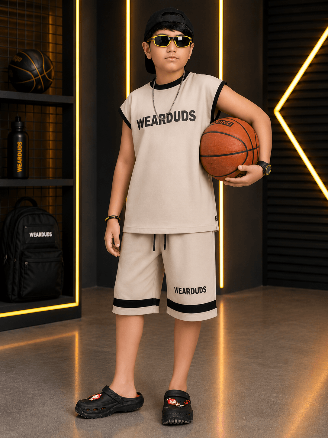 MONO EDGE SHORTS FOR BOYS GIRLS BEIGE worn by a boy in sporty outfit holding a basketball.