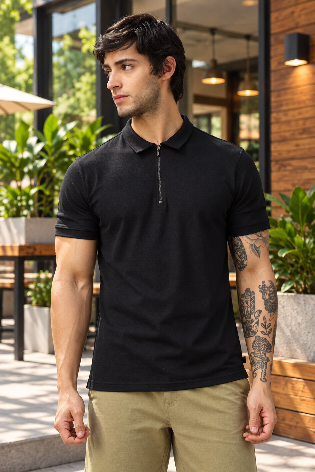 ZIPPER POLO NECK ZIPPER T-SHIRT BLACK