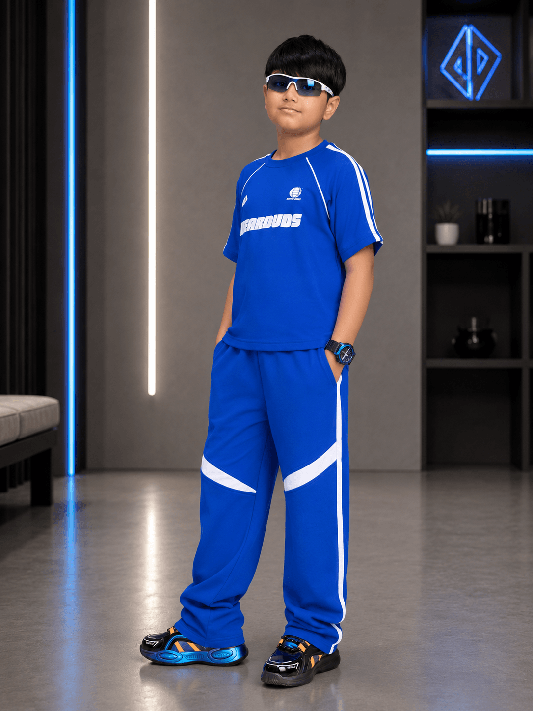 KIDS ROSTER CO-ORD BOYS GIRLS OFF WHITE BLUE trendy outfit for kids in blue, stylish and comfortable.