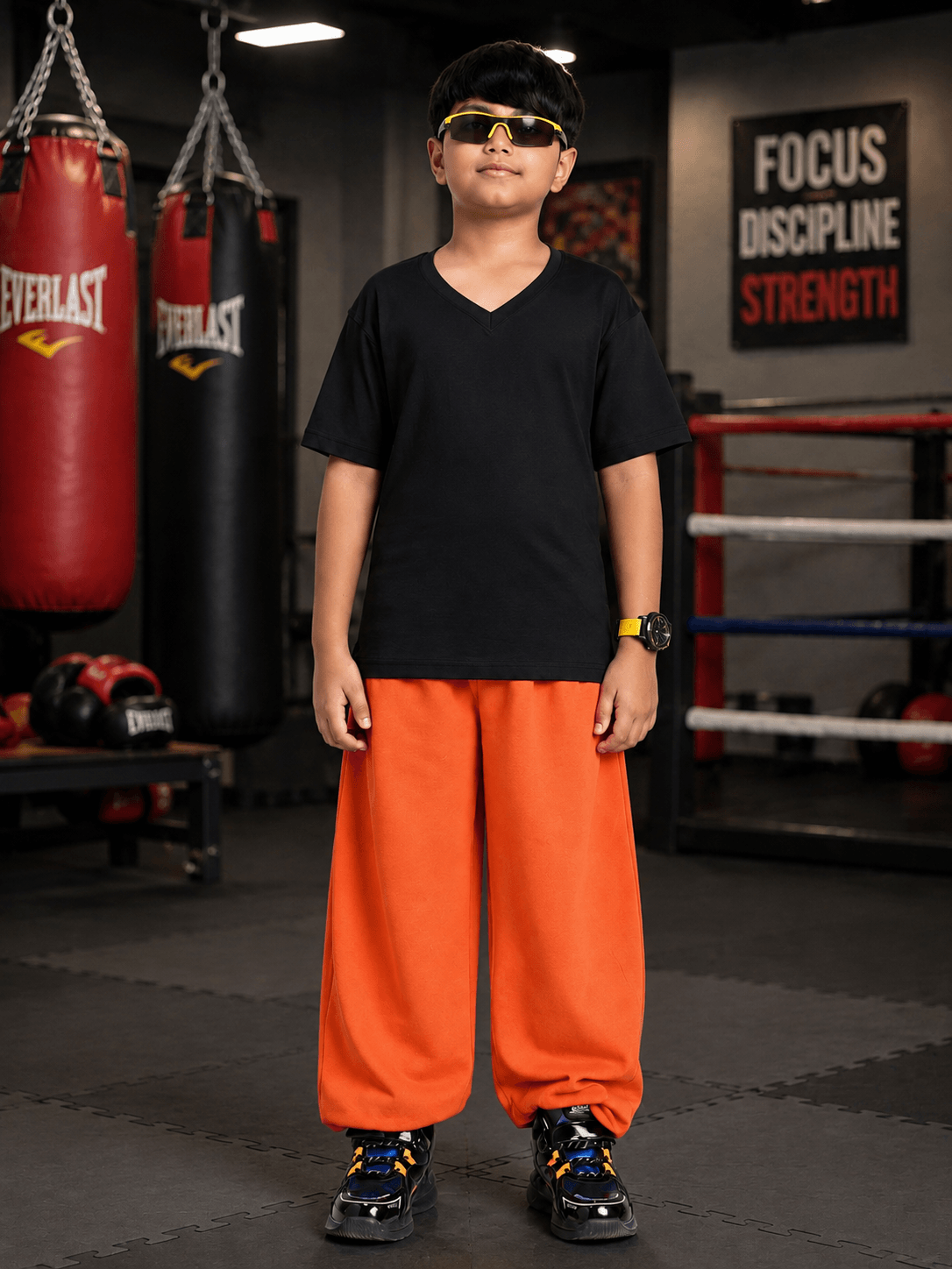 CoolFit JOGGER FOR BOYS GIRLS ORANGE worn by a young boy in a gym setting, showcasing vibrant streetwear style.
