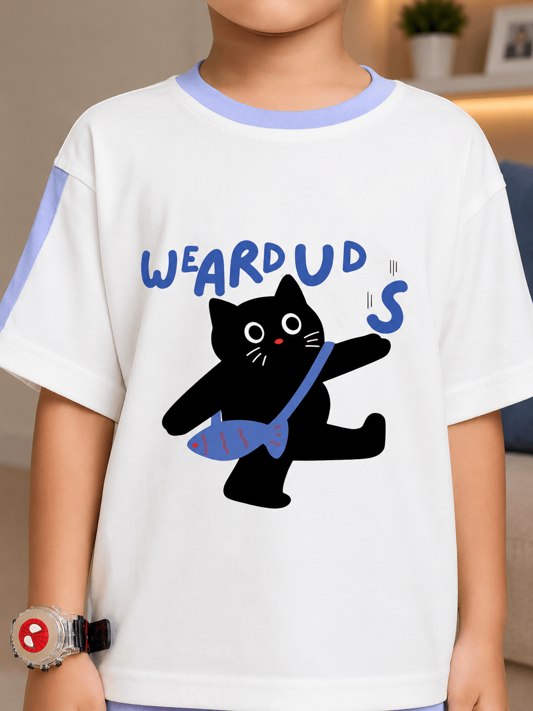 LIL CAT CLUB T-SHIRT FOR BOYS GIRLS WHITE LAVENDER featuring a playful black cat design and fresh lavender accents.