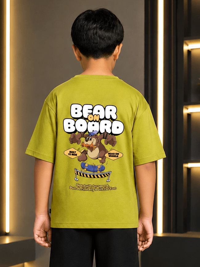 BEAR ON BOARD T-SHIRT FOR BOYS GIRLS OLIVE GREEN featuring playful bear graphic on the back, perfect for kids.