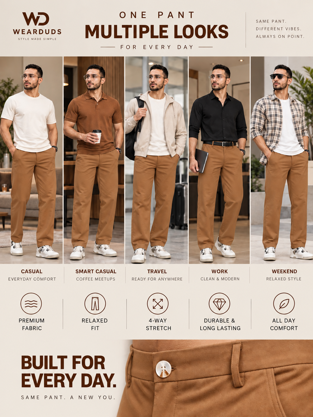 STRETCH STRAIGHT CASUAL PANTS BROWN