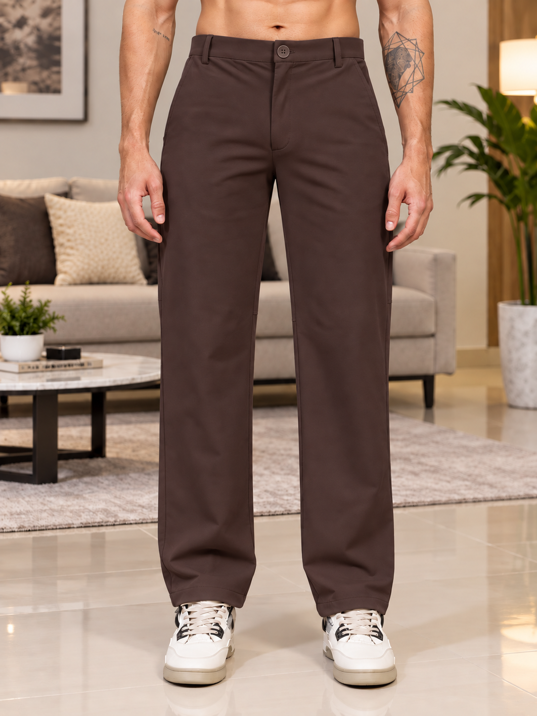 STRETCH STRAIGHT CASUAL PANTS DARK BROWN