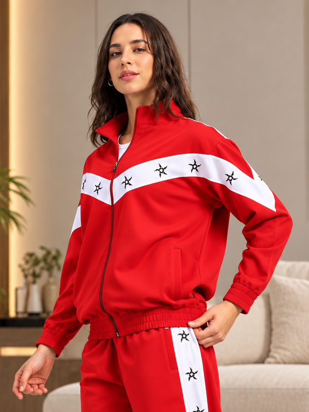 WOMEN MATCHING LOOSE FIT ZIPPER JACKET RED WHITE