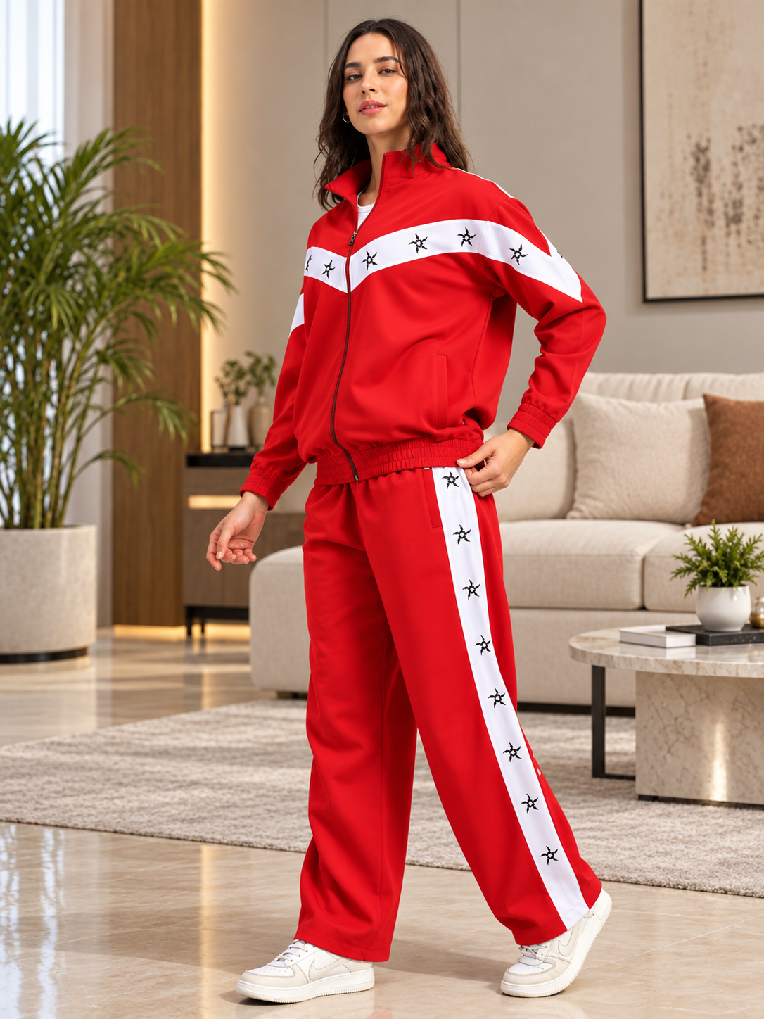 WOMEN MATCHING LOOSE FIT CO-ORD SET RED WHITE