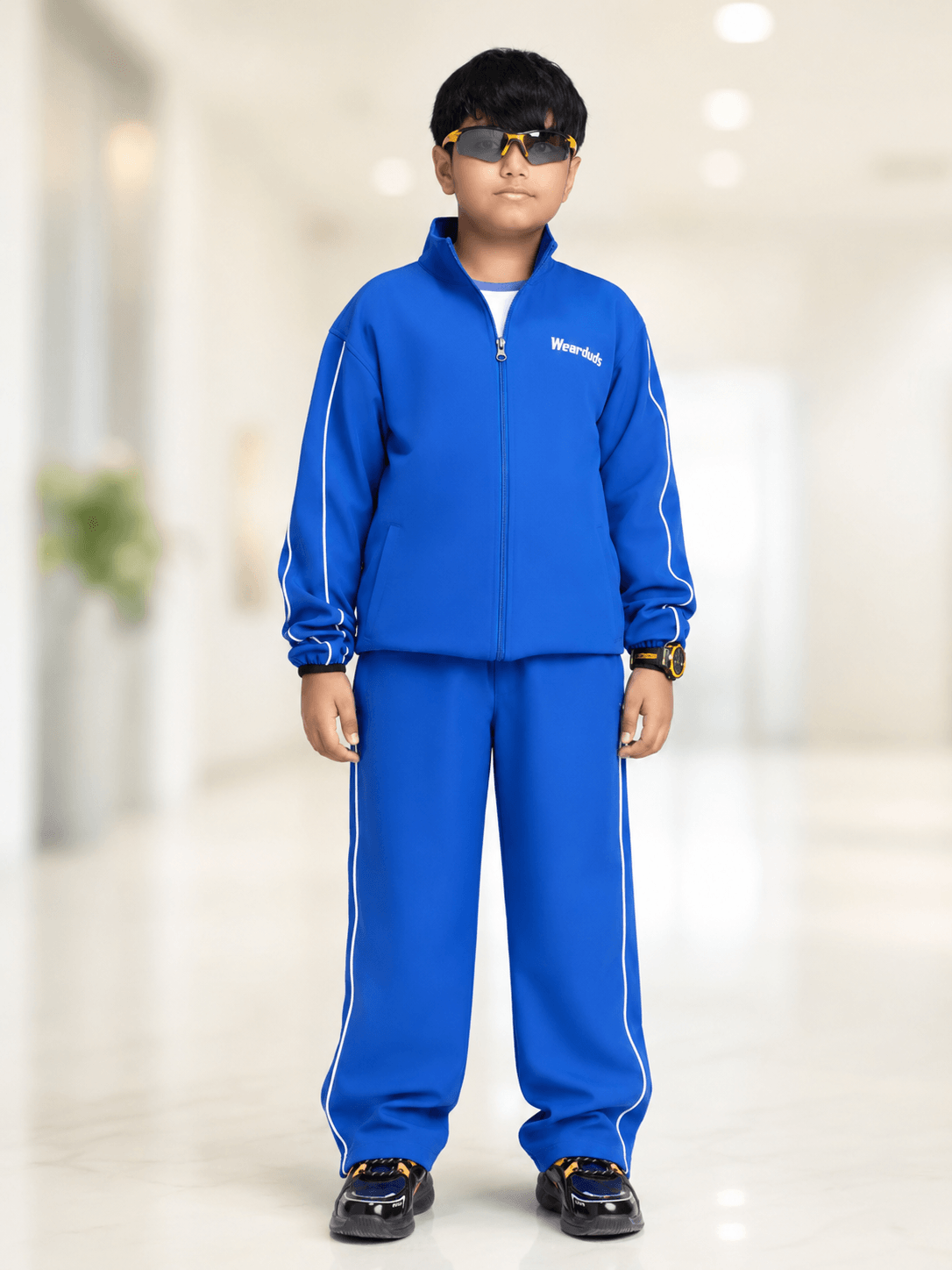 RELIGHT RELAXED FIT CO-ORD SET FOR BOYS GIRLS ROYAL BLUE worn by a stylish boy in a modern setting.