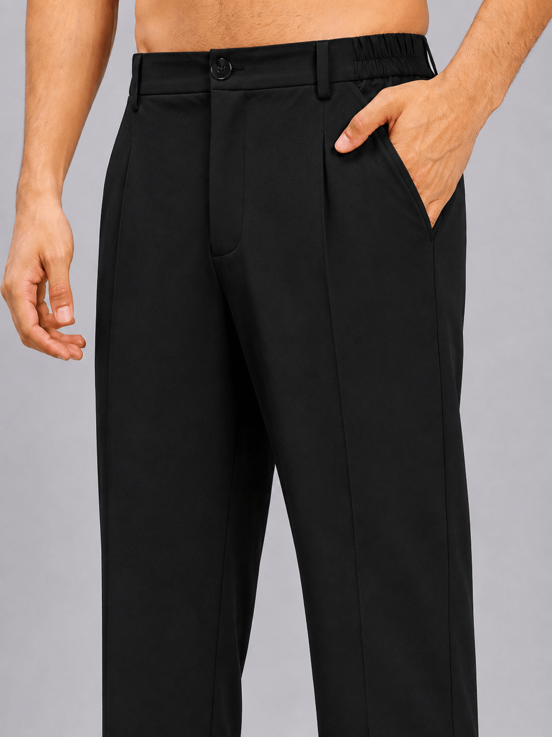 HIGH-FLEX TAILORED PANTS DARK BLACK, showcasing the sleek design and comfortable fit for modern styling.