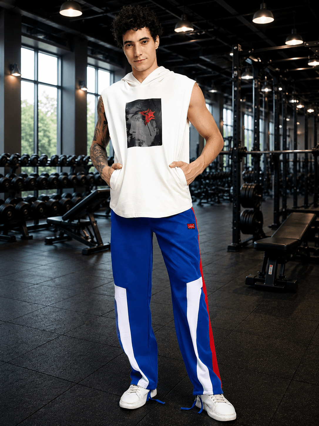 Model wearing SHADOW FACE SLEEVELESS T-SHIRT WHITE in a gym setting, showcasing street style and comfort.