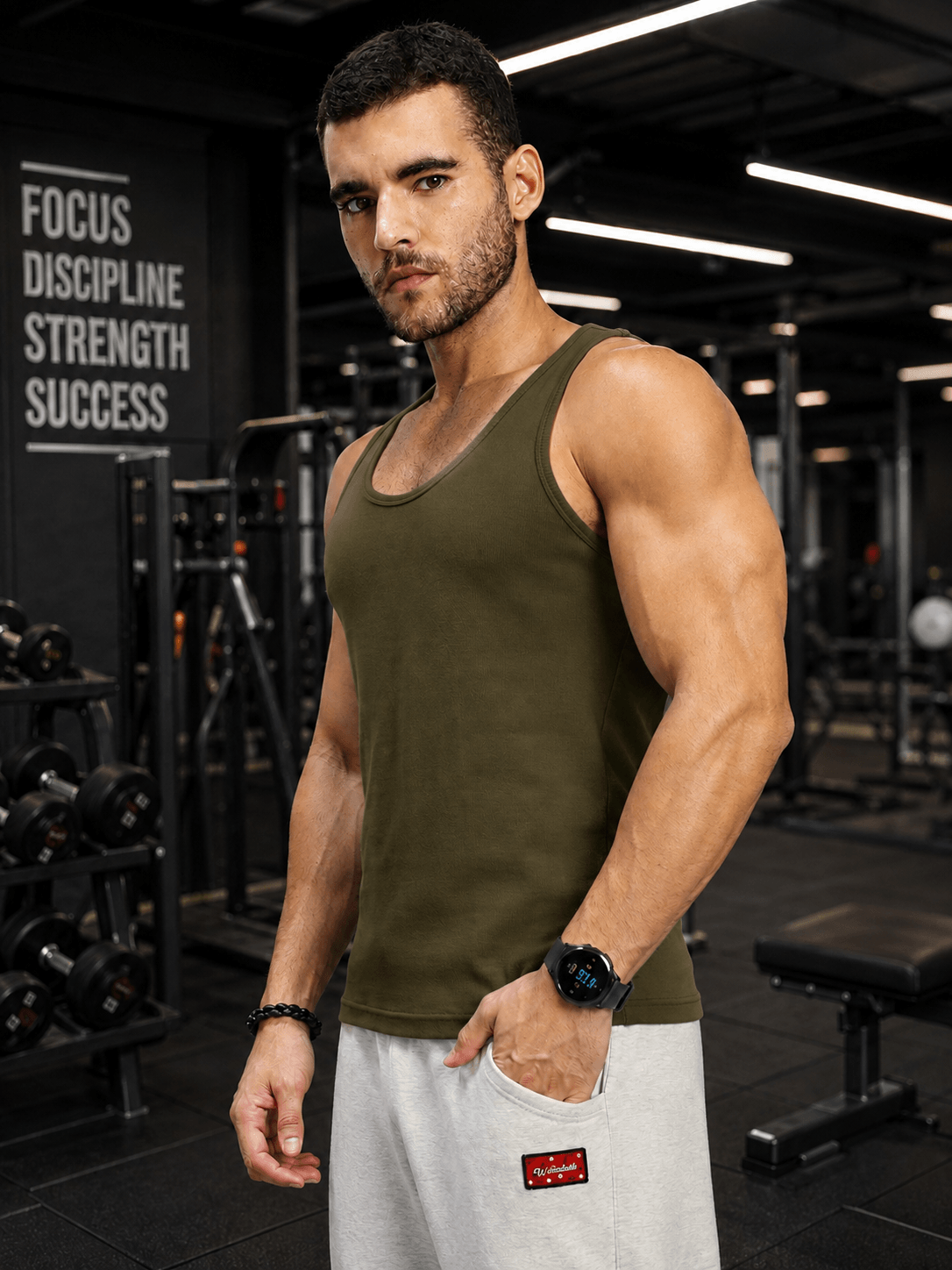 WEARDUDS Shop EASY WEAR VEST GYM T-SHIRT OLIVE GREEN for a trendy sporty look, perfect for workouts, gym sessions, casual outings, and everyday wear.