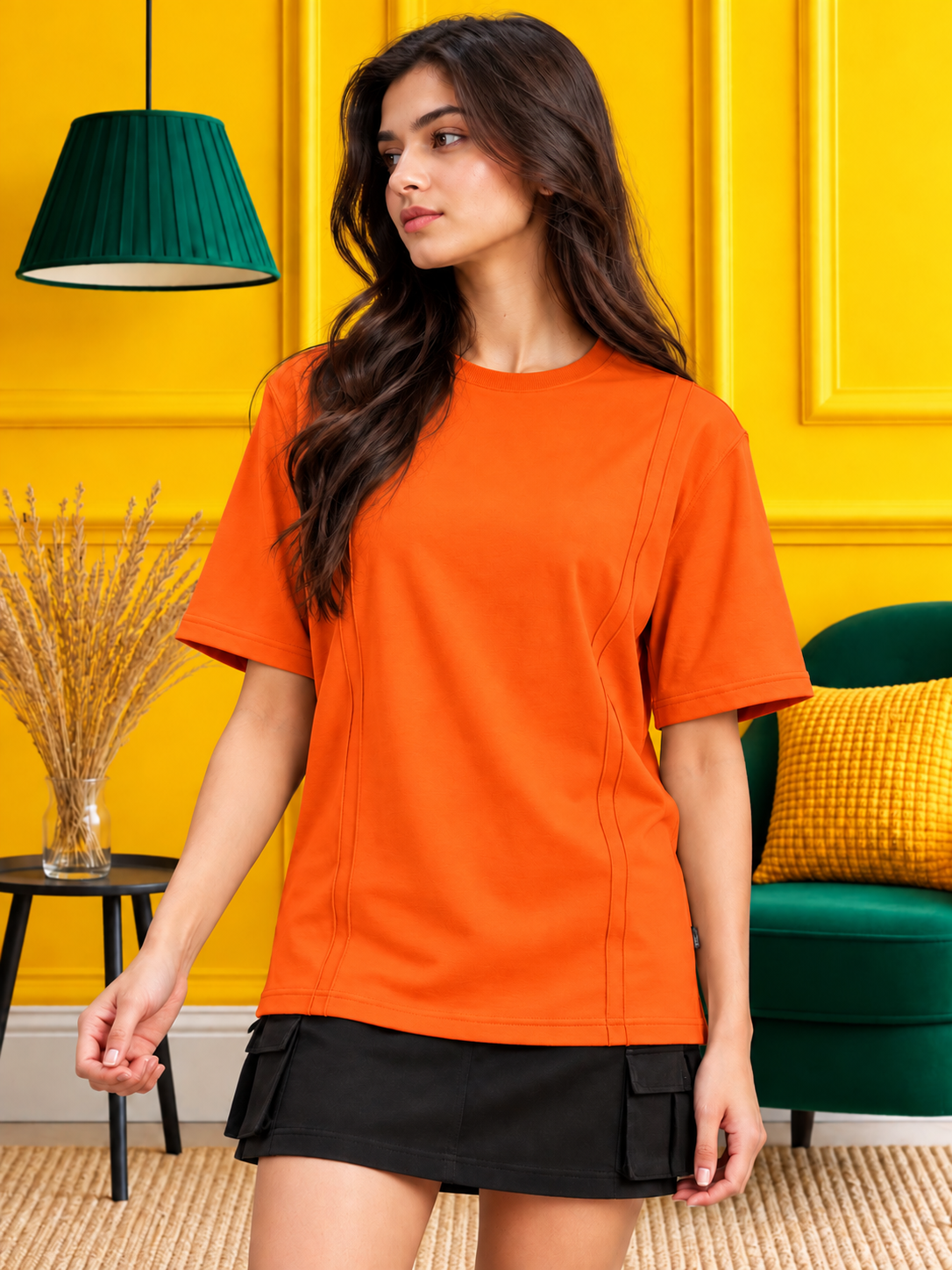 WOMEN PANEL OVERSIZED CREW T-SHIRT ORANGE