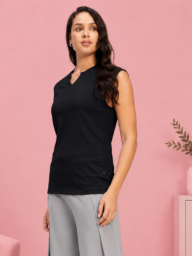 WOMEN MUSCLE FIT SLEEVELESS GYM T-SHIRT BLACK