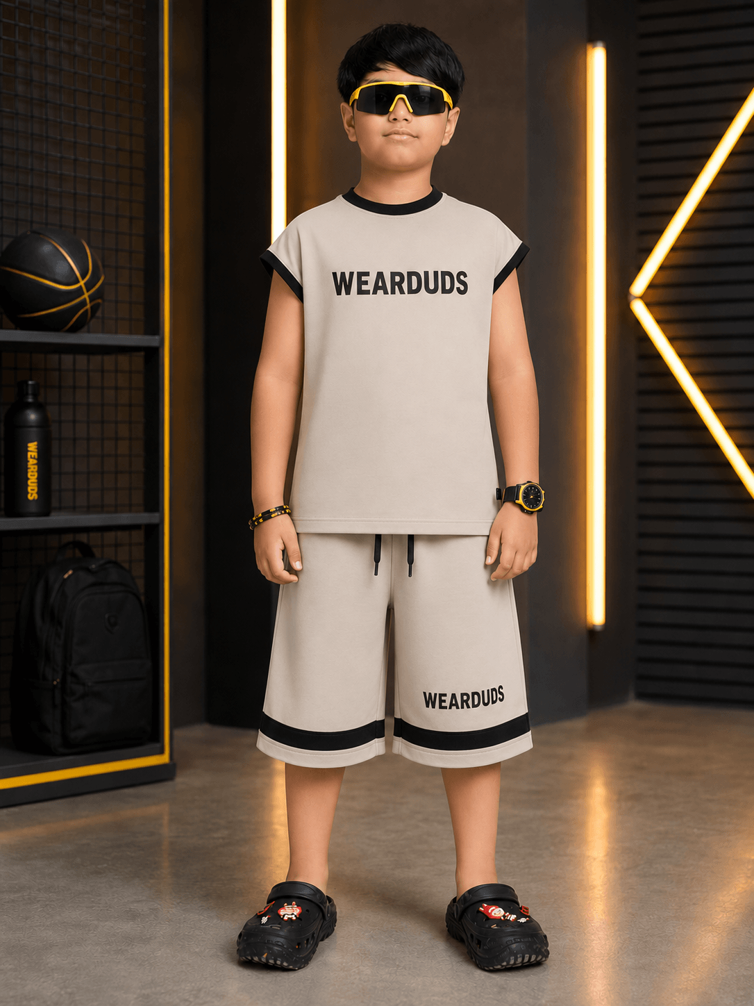 MONO EDGE SLEEVELESS CO-ORD FOR BOYS GIRLS BEIGE worn by a child in stylish sunglasses, posing confidently.