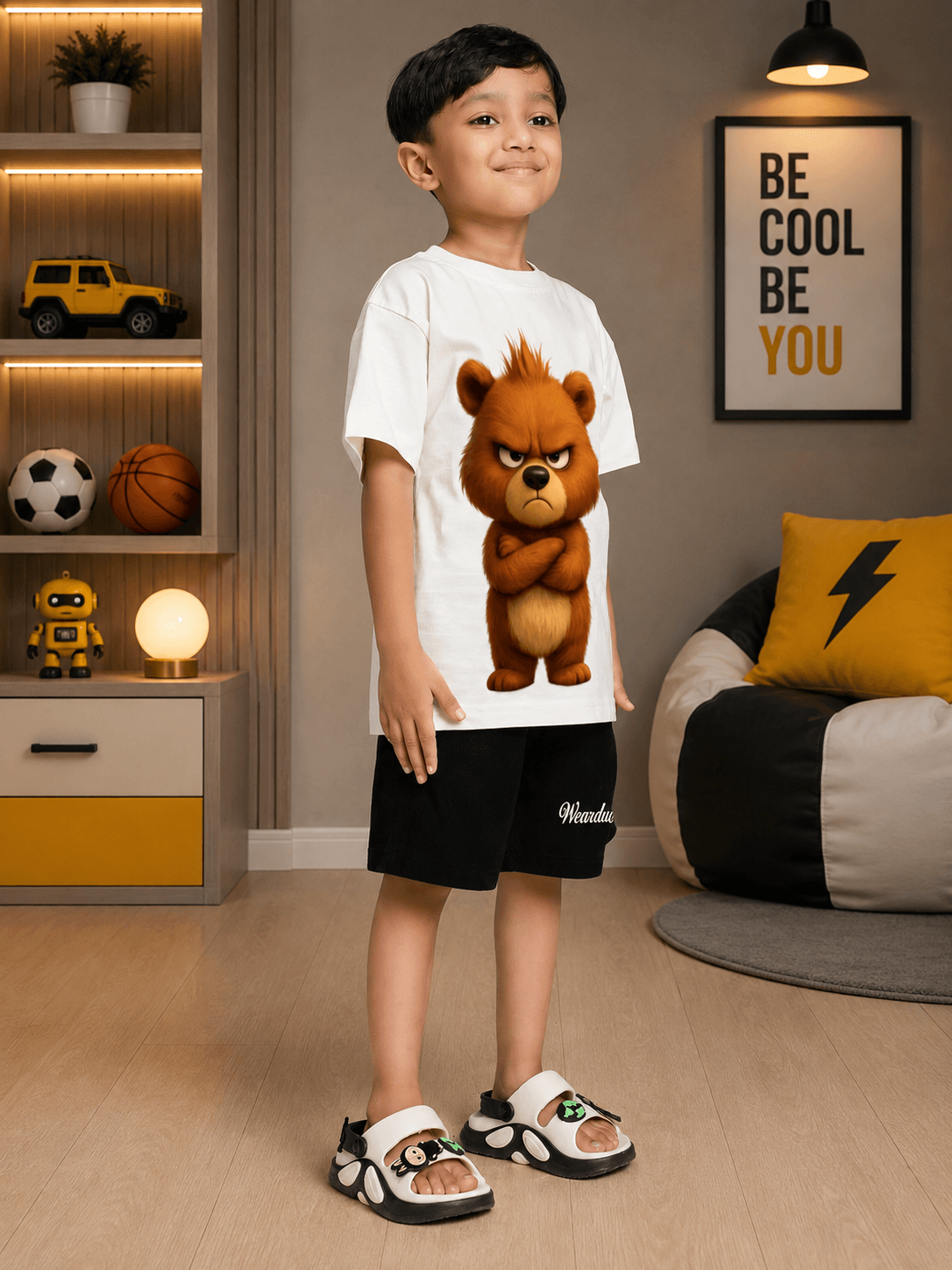 BEAR GRAPHIC CASUAL CO-ORD FOR BOYS GIRLS WHITE BLACK worn by a boy in a playful room setting.