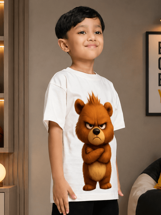 BEAR GRAPHIC CASUAL T-SHIRT FOR BOYS GIRLS WHITE worn by a boy with a cute bear graphic.
