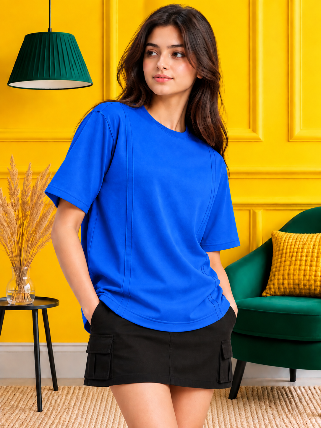 WOMEN PANEL OVERSIZED CREW T-SHIRT BLUE