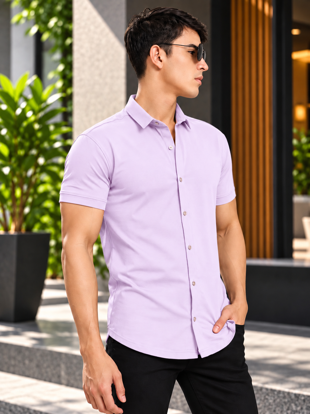 NOIR LILAC WRINKLE FREE COTTON HALF SLEEVE SHIRT