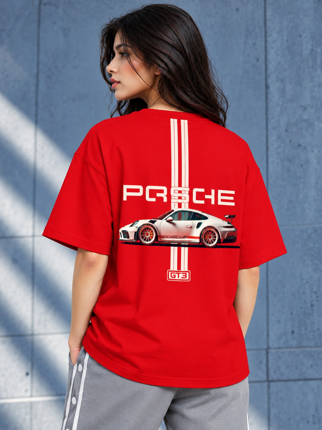 WOMEN PORSCHE PRINTED OVER-SIZED T-SHIRT RED