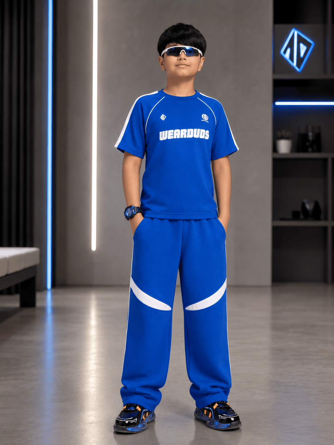 KIDS ROSTER CO-ORD BOYS GIRLS OFF WHITE BLUE outfit featuring a blue top and matching pants.