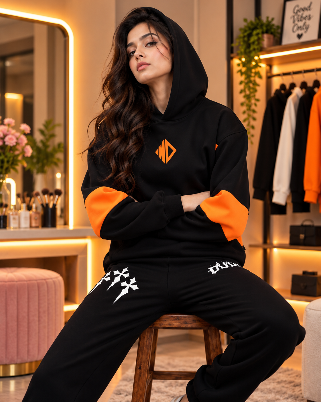 WOMEN WD GORBCORE FLEECE HOODIE BLACK ORANGE
