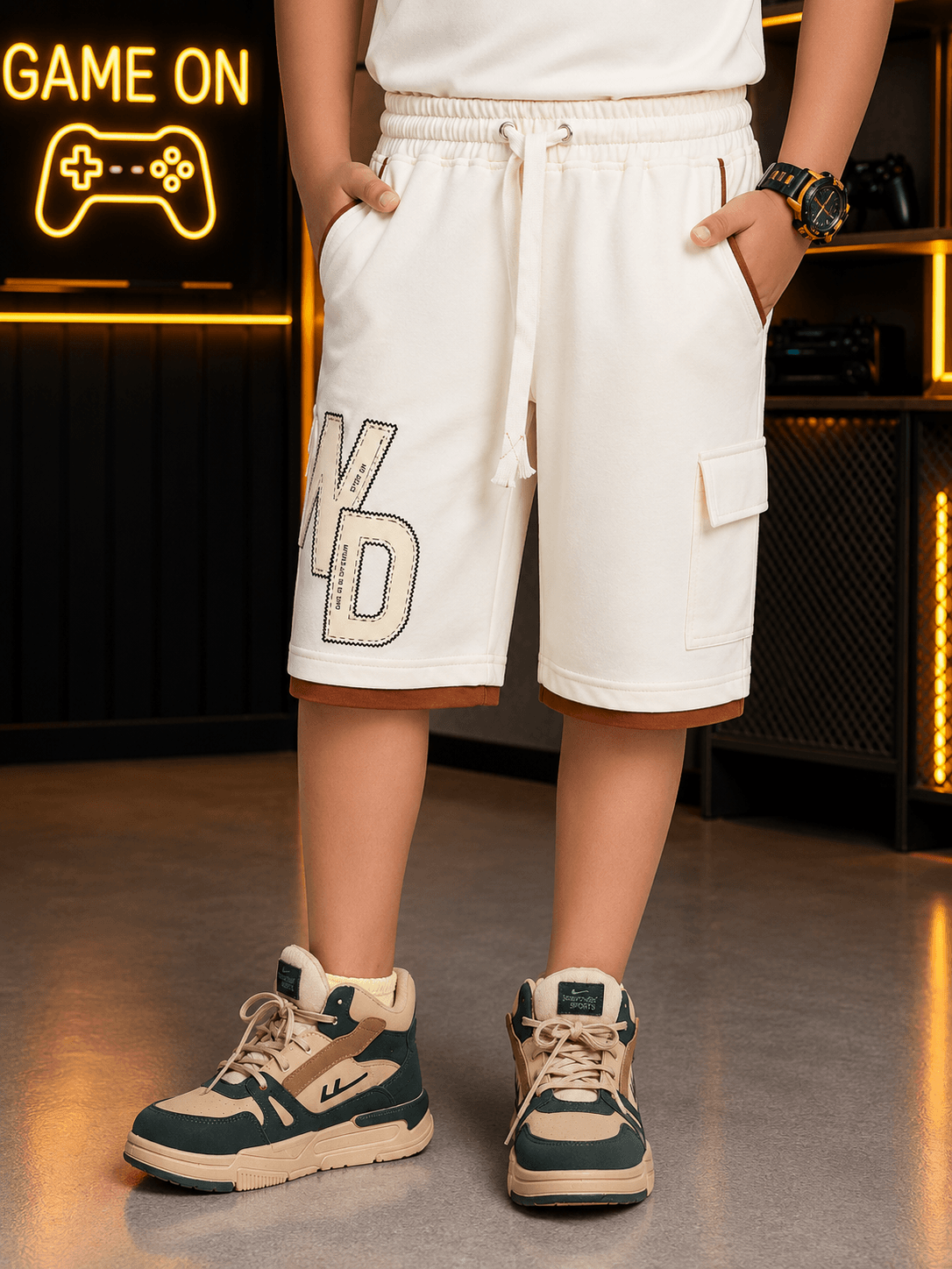 DOWNTOWN CO-ORD FOR BOYS GIRLS OFF-WHITE featuring trendy shorts and stylish sneakers.