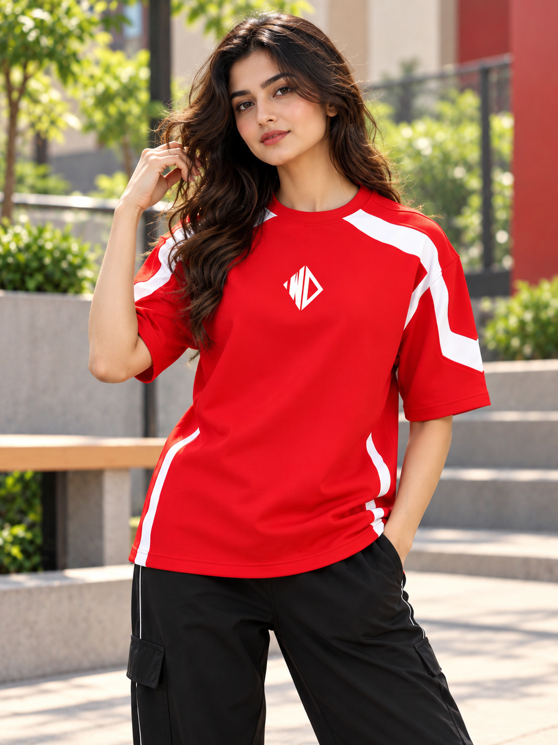 WOMEN RUGBY OVER-SIZED T-SHIRT RED WHITE