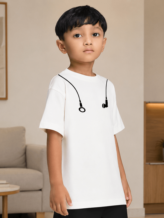EARPHONE GRAPHIC T-SHIRT FOR BOYS GIRLS WHITE