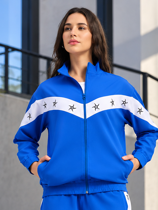 WOMEN MATCHING LOOSE FIT ZIPPER JACKET BLUE WHITE