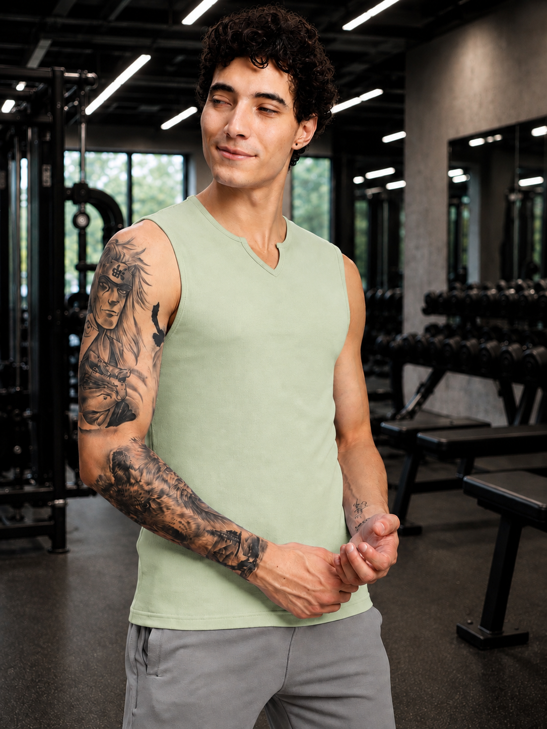 SLEEVELESS WORKOUT COTTON T-SHIRT SAGE GREEN