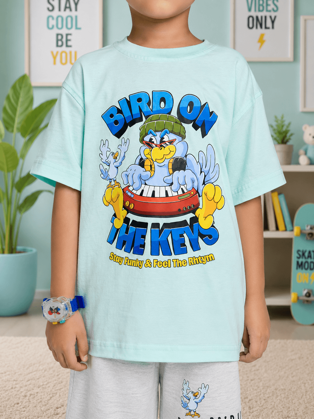 BIRD ON THE KEYS T-SHIRT FOR BOYS GIRLS SKY BLUE