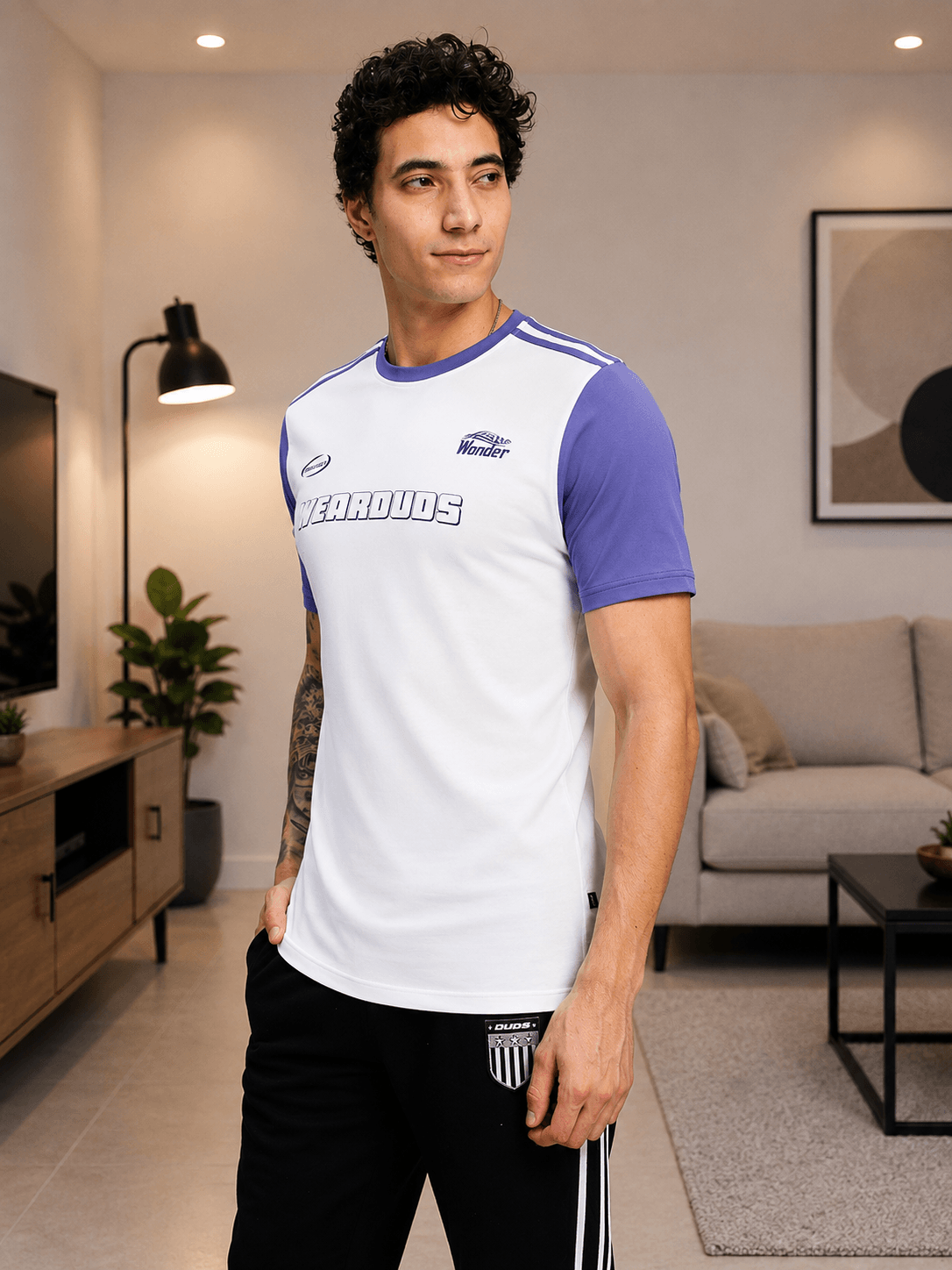 STREET WONDER REGULAR FIT T-SHIRT WHITE MULTI worn by a model in a stylish indoor setting.