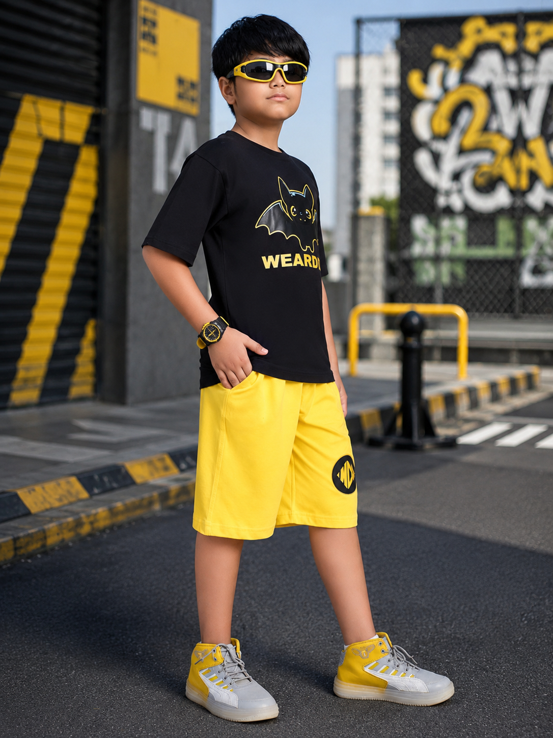 MIDNIGHT BAT CO-ORD FOR BOYS GIRLS BLACK YELLOW