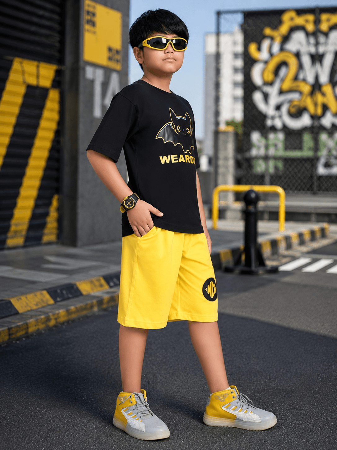 MIDNIGHT BAT CO-ORD FOR BOYS GIRLS BLACK YELLOW worn by a boy standing confidently in a street setting.