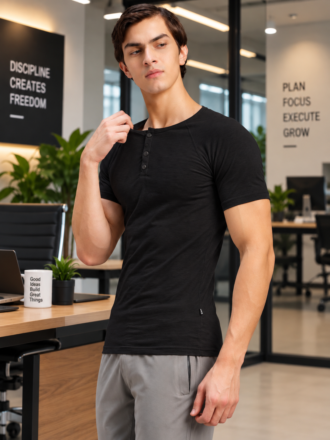 SLEEVE BUTTON HENLEY BLACK